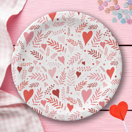 Plato De Papel Estiloso patrón de corazón rojo rosado Valentines