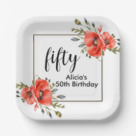 Plato De Papel Estiloso Red Poppy Flora 50 cumpleaños