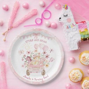 Plato De Papel Estómago rosa y cuarto cumpleaños de los dinosauri