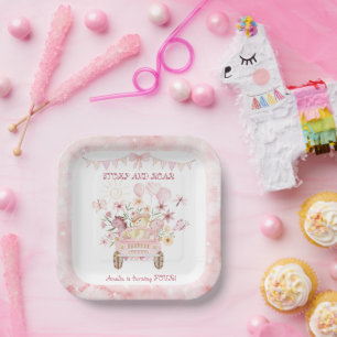 Plato De Papel Estómago rosa y cuarto cumpleaños de los dinosauri