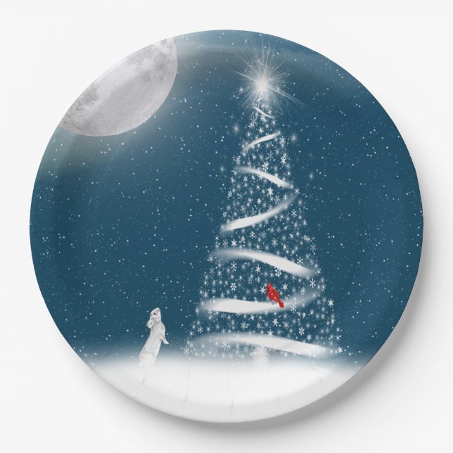 Plato De Papel Estrella árbol de Navidad y luna (Anverso)