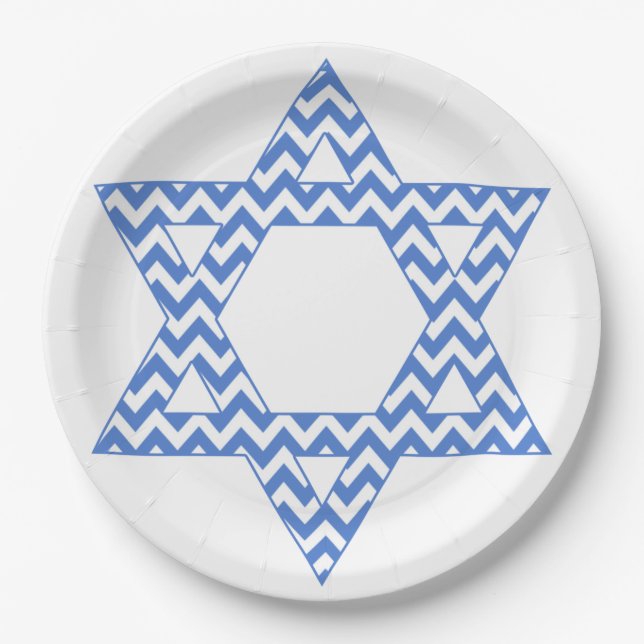 Plato De Papel Estrella azul del Chevron de David Hanukkah (Anverso)
