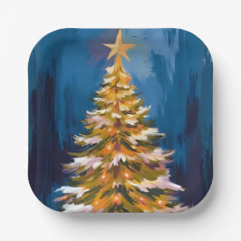 Plato De Papel Estrella Brillante de Árbol de Navidad Acuarela