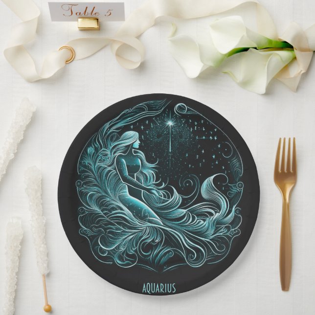 Plato De Papel Estrella de Astrología Aquarius diseñada (Boda)