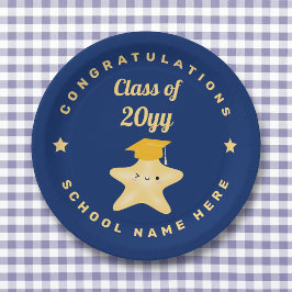 Plato De Papel Estrella de graduación moderna azul real y dorado