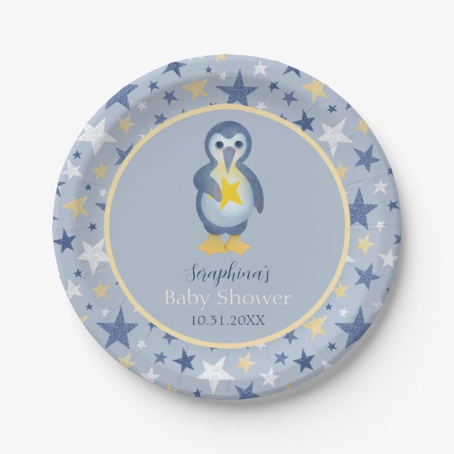Plato De Papel Estrella de Invierno Cute Penguin Baby Shower (Anverso)
