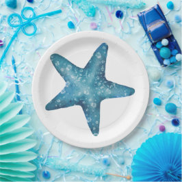 Plato De Papel Estrella de mar azul acuarela náutica