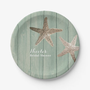 Plato De Papel Estrella de mar dorada y elegante playa de madera