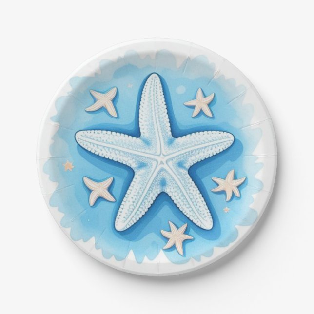 Plato De Papel Estrella de mar en azul (Anverso)