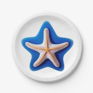 Plato De Papel Estrella de mar naranja en azul