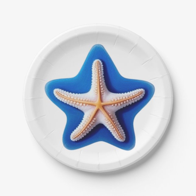 Plato De Papel Estrella de mar naranja en azul (Anverso)