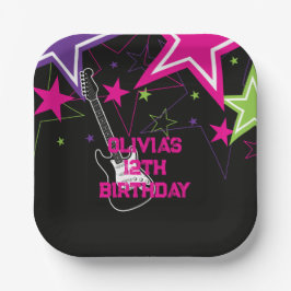 Plato De Papel Estrella de Rock Cumpleaños Guitarra Estrellas Ros
