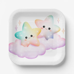 PLATO DE PAPEL ESTRELLA DE SONRISA COLOR PASTEL Y NUBES