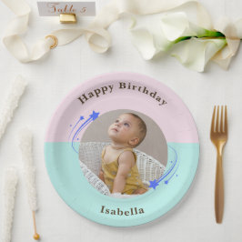 Plato De Papel Estrella de tiro verde rosado de primer cumpleaños