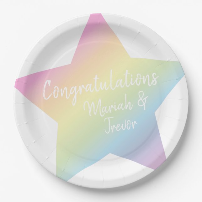 Plato De Papel Estrella del arcoiris Pastel Baby Shower (Anverso)