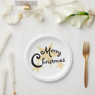 Plato De Papel Estrella dorada Feliz Navidad en blanco