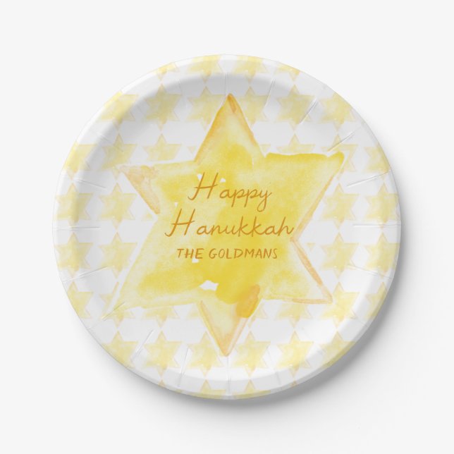 Plato De Papel Estrella judía de acuarela personalizada Hanukkah (Anverso)