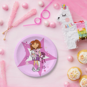 Plato De Papel Estrella morada y rosa chica de pelo oscuro fiesta