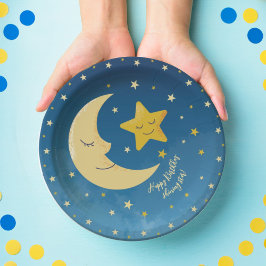Plato De Papel Estrella pequeña de la Marina Blue Gold Twinkle