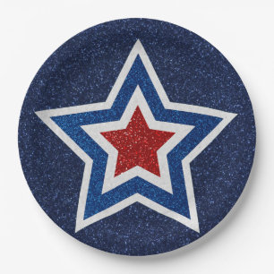 Plato De Papel Estrella Roja, Blanca y Azul con Brillo el 4 de Ju