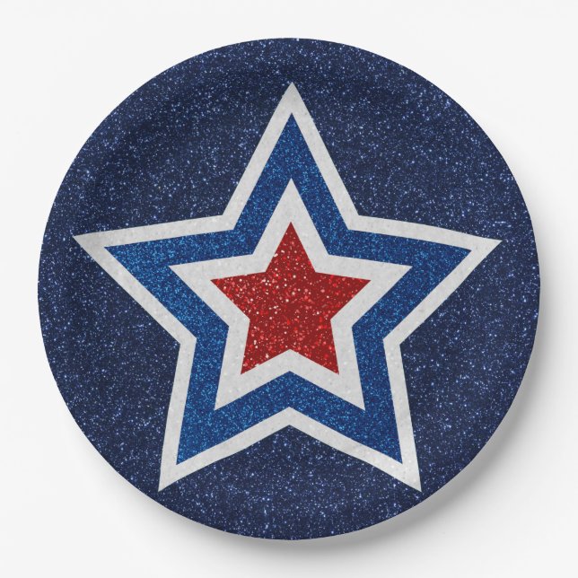 Plato De Papel Estrella Roja, Blanca y Azul con Brillo el 4 de Ju (Anverso)