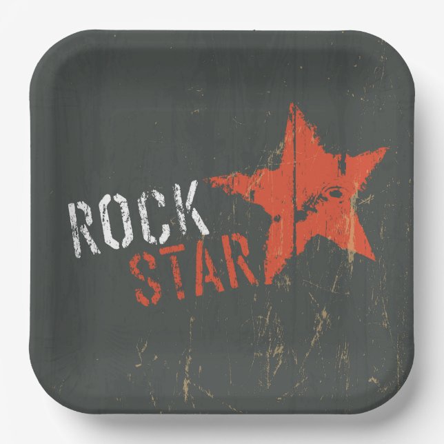 Plato De Papel Estrella Roja de Rock Star Afligida Grunge (Anverso)