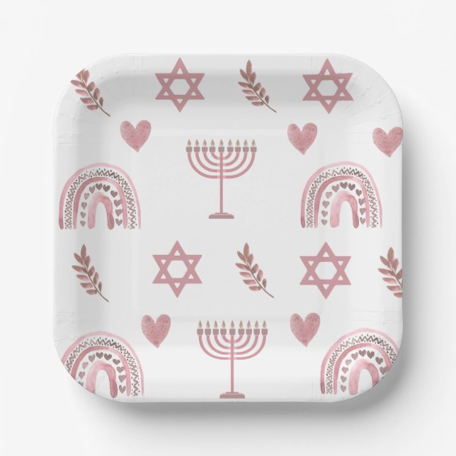 Plato De Papel Estrella rosa de la acuarela de David Hanukkah (Anverso)