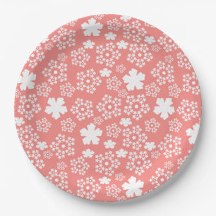 Plato De Papel Estrella rosa y blanca y patrón de copos de nieve