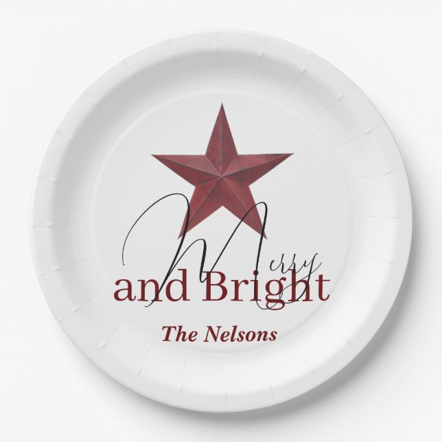 Plato De Papel Estrella rústica Merry & Bright personalizada (Anverso)