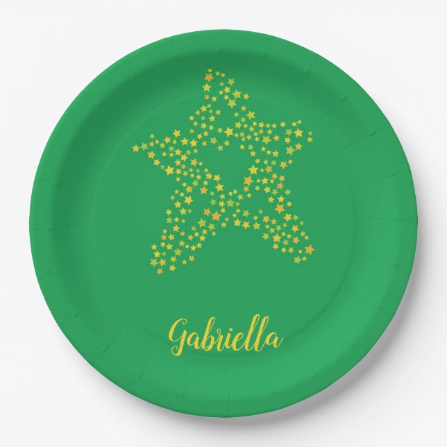Plato De Papel Estrellas amarillas en verde (Anverso)