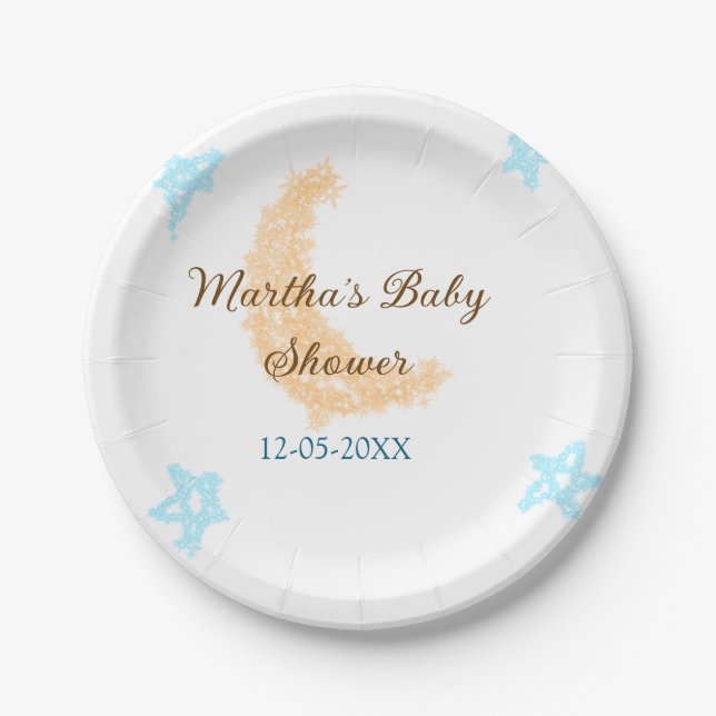 Plato De Papel Estrellas azul luna naranja purpurina ducha gorda (Anverso)