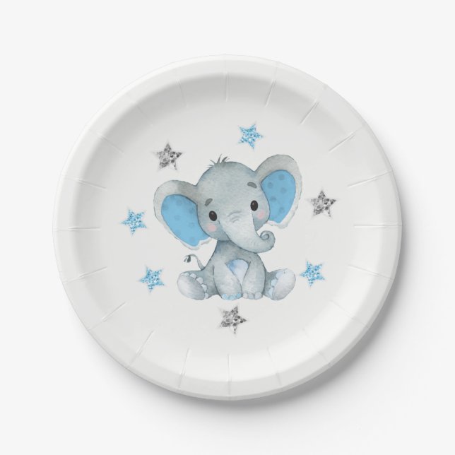 Plato De Papel Estrellas azules, Elephant Plate 4 Baby Shower, cu (Anverso)