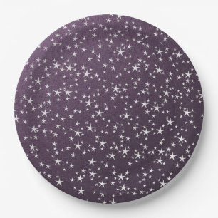 Plato De Papel estrellas blancas en fondo de papel morado