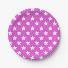 Plato De Papel Estrellas Blancas Fucsia Purpura
