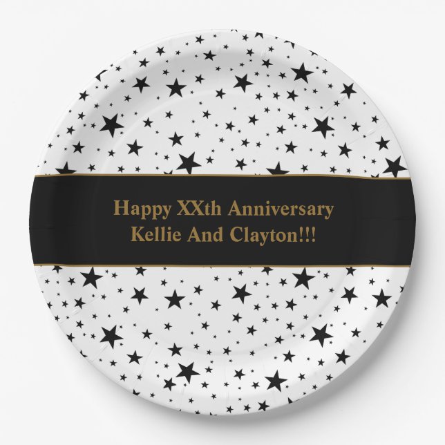 Plato De Papel Estrellas blancas/negras personalizados con aniver (Anverso)