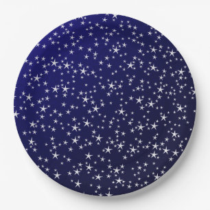 Plato De Papel estrellas blancas sobre fondo azul oscuro