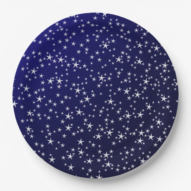 Plato De Papel estrellas blancas sobre fondo azul oscuro (Anverso)