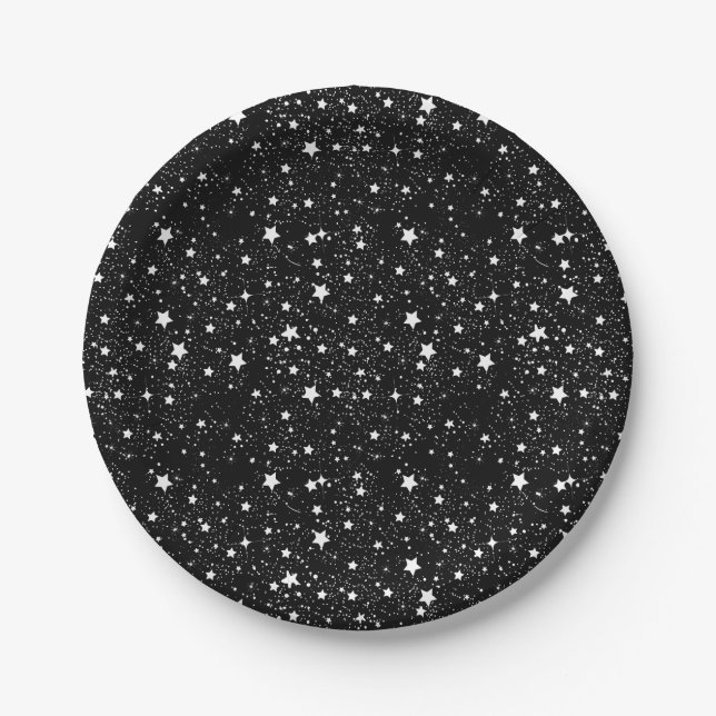 Plato De Papel Estrellas blancos y negros dispersadas (Anverso)