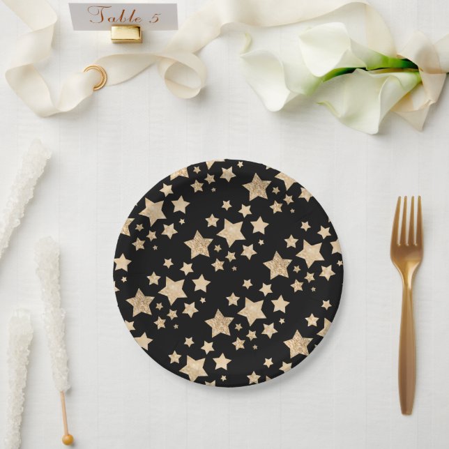 Plato De Papel Estrellas brillantes de oro Feliz Navidad negro (Boda)