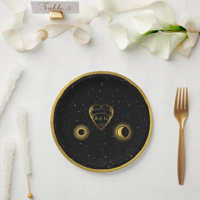 Plato De Papel Estrellas celestes Boda de oro negro de luna creci (Boda)