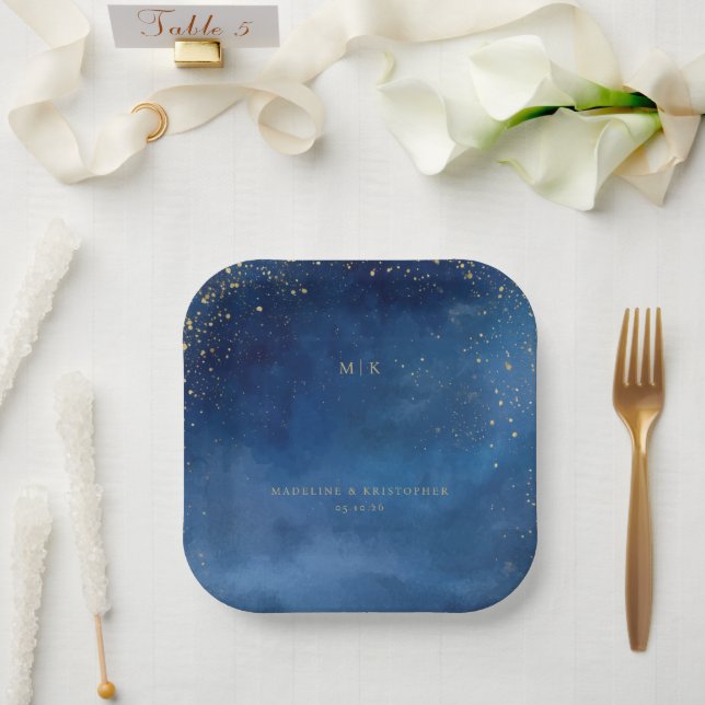 Plato De Papel Estrellas Celestiales Azules Románticas (Boda)