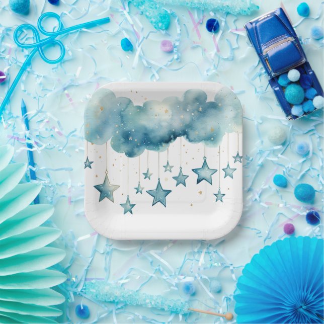 Plato De Papel Estrellas colgantes azules (Fiesta)