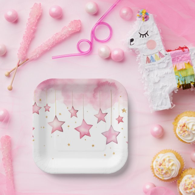 Plato De Papel Estrellas colgantes rosas taza de papel (Fiesta)
