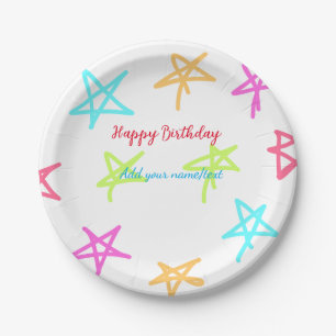 Plato De Papel Estrellas coloridas feliz cumpleaños agregar nombr