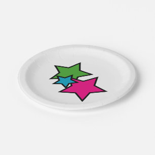 Plato De Papel Estrellas Coloridas Neon Cumpleaños Caprichoso Fem