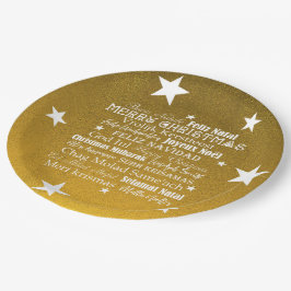 Plato De Papel Estrellas con diferentes idiomas de Feliz Navidad