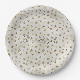 Plato De Papel Estrellas de esparkle Purpurina Pearl White Gold