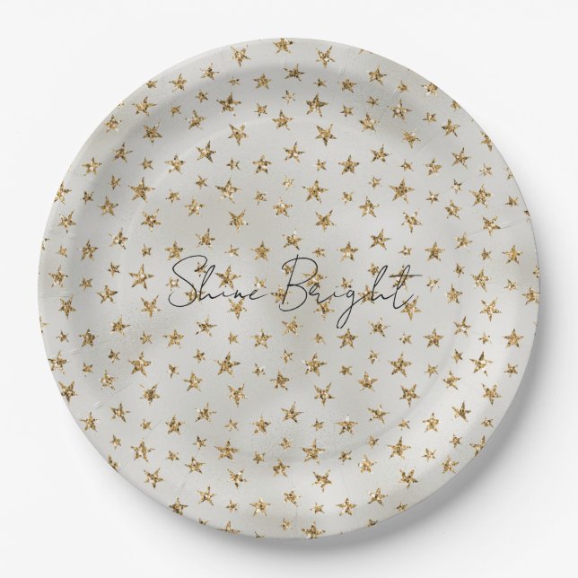 Plato De Papel Estrellas de esparkle Purpurina Pearl White Gold (Anverso)