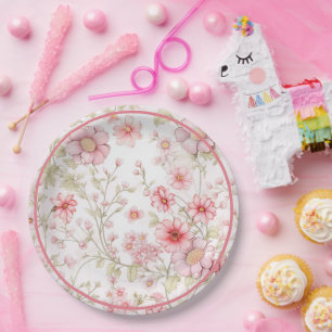 Plato De Papel Estrellas de flores rosas