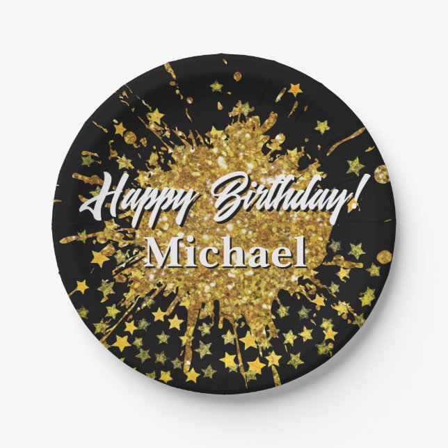 Plato De Papel Estrellas de goteo de pintura de purpurina brillan (Anverso)